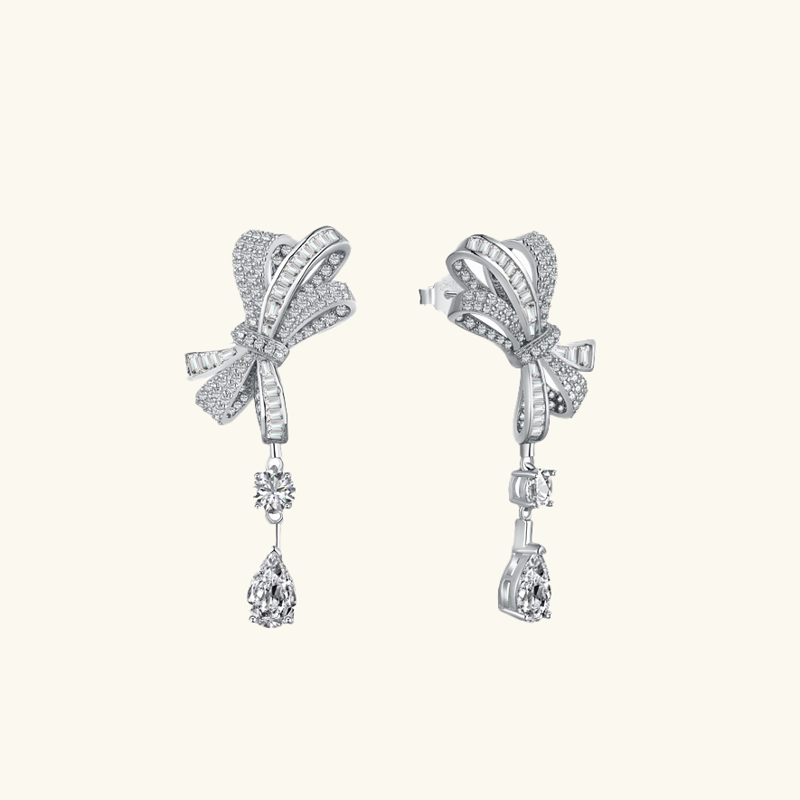 925 Sterling Silver "Bow Glint" Square Diamond Bow Earrings
