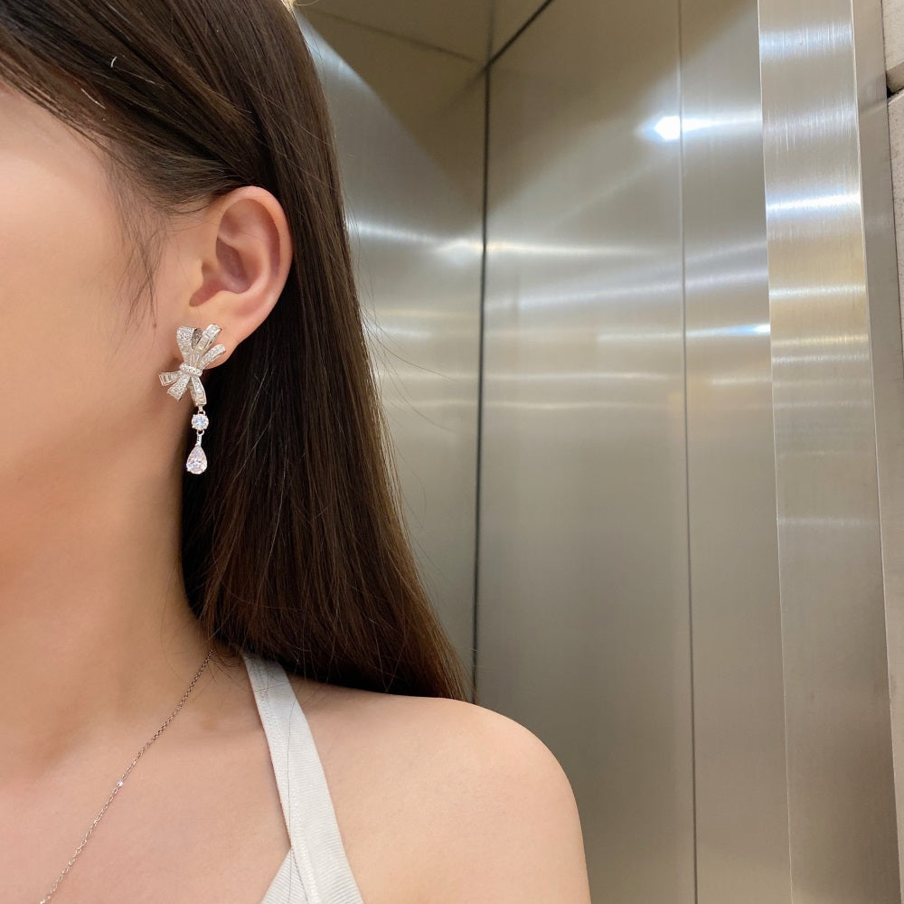 925 Sterling Silver "Bow Glint" Square Diamond Bow Earrings