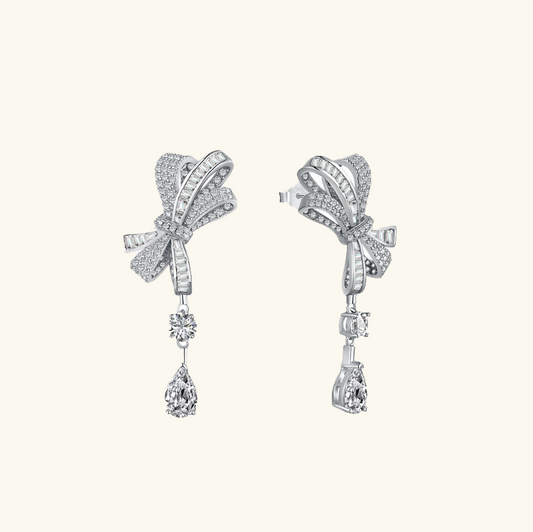 925 Sterling Silver "Bow Glint" Square Diamond Bow Earrings